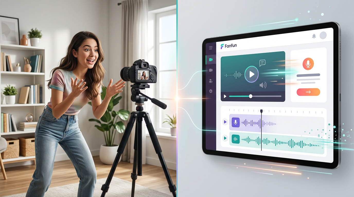 A creator using a laptop to integrate AI voice technology into their video production workflow.