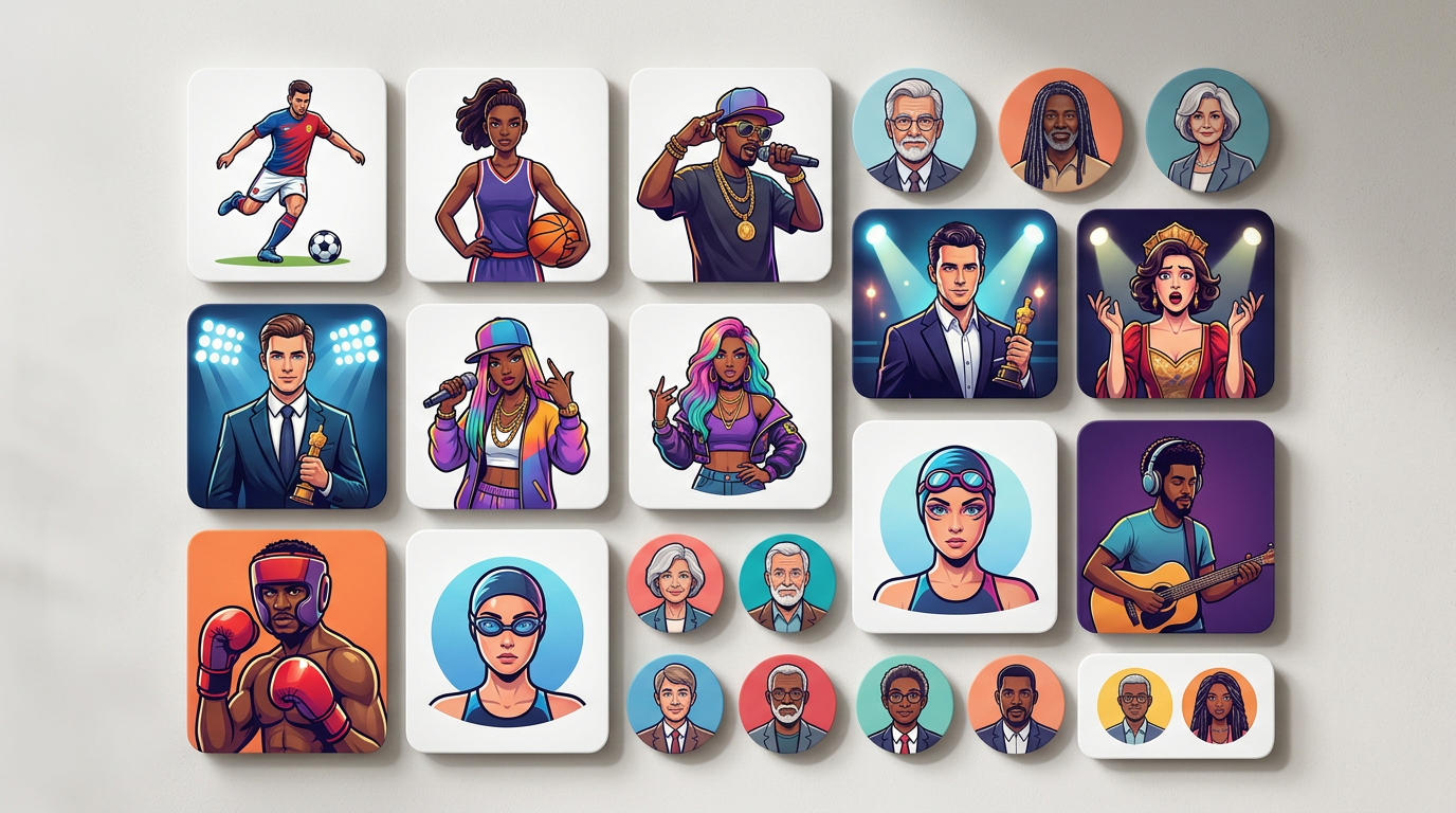 A stylized collage showing various AI-powered celebrity personas available for content creation.