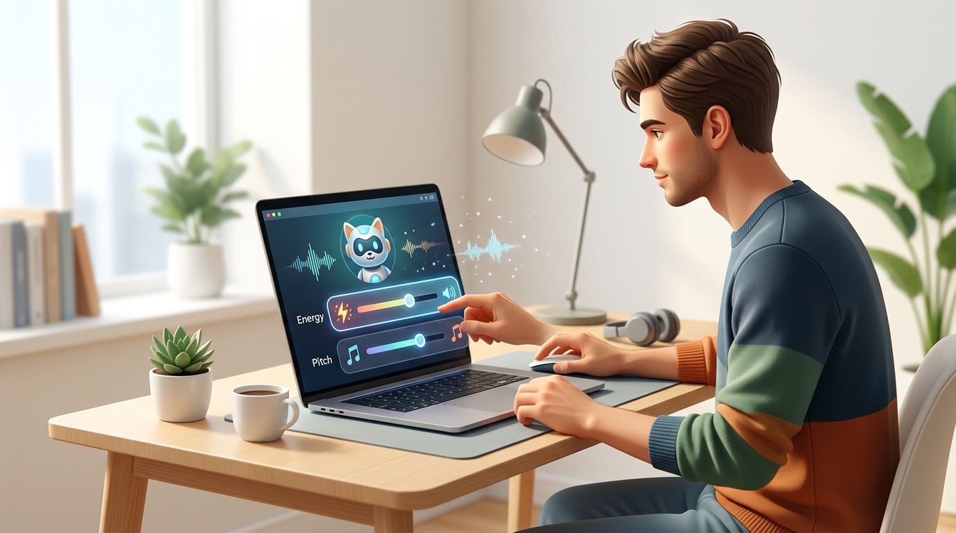 A creator using the Fanfun AI platform to customize a character voice.