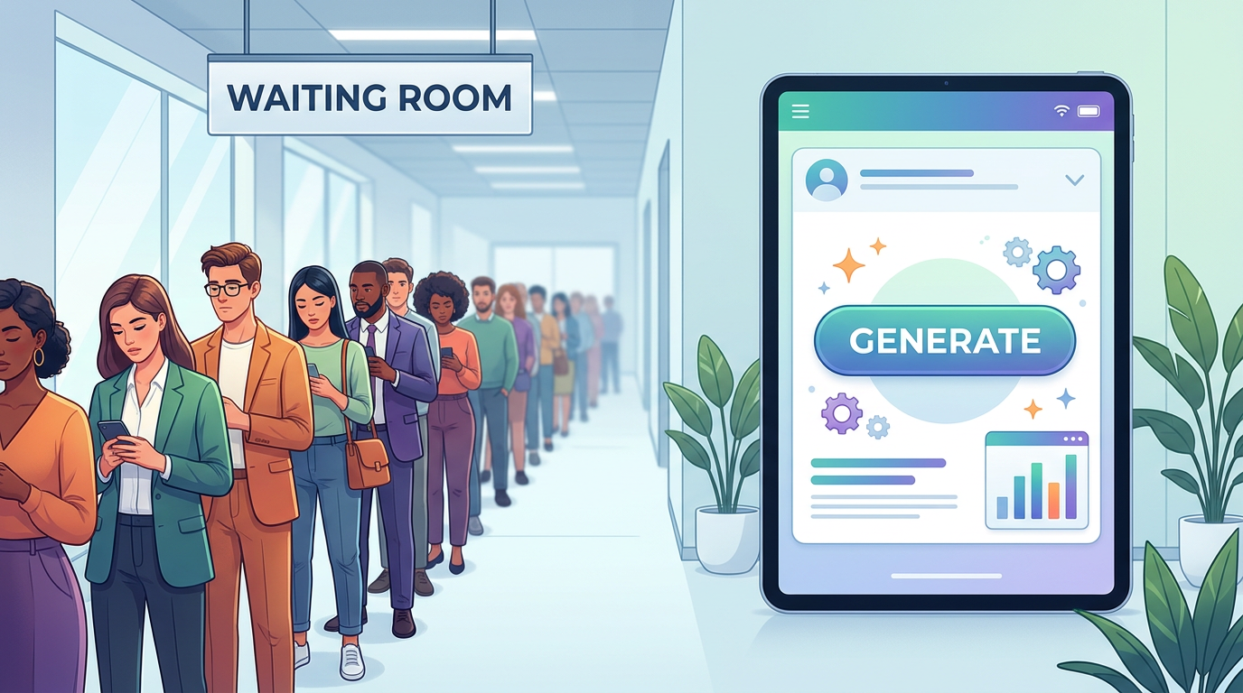 A conceptual illustration contrasting the slow, traditional booking process with instant digital generation.