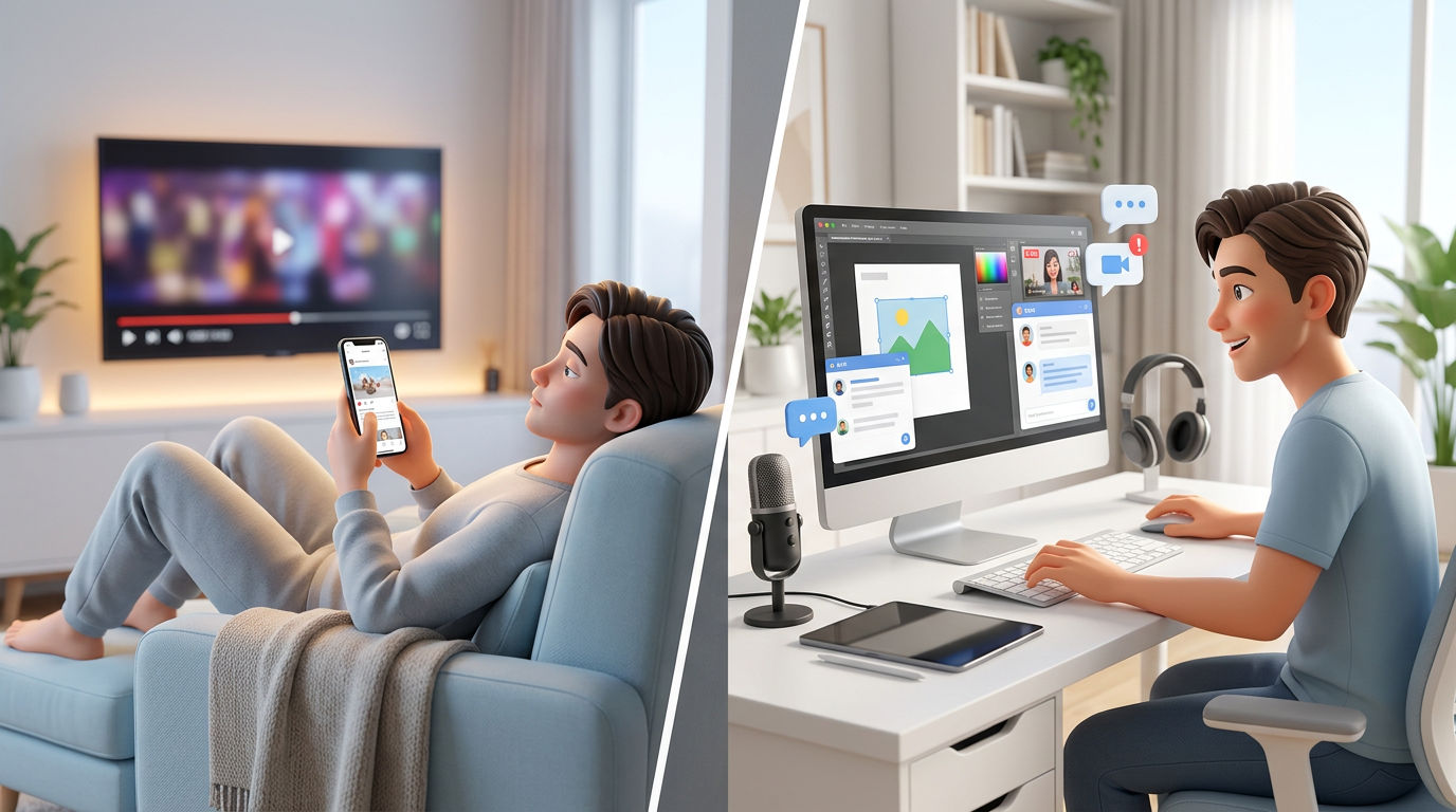Comparison chart showing the difference between passive and active digital content consumption.