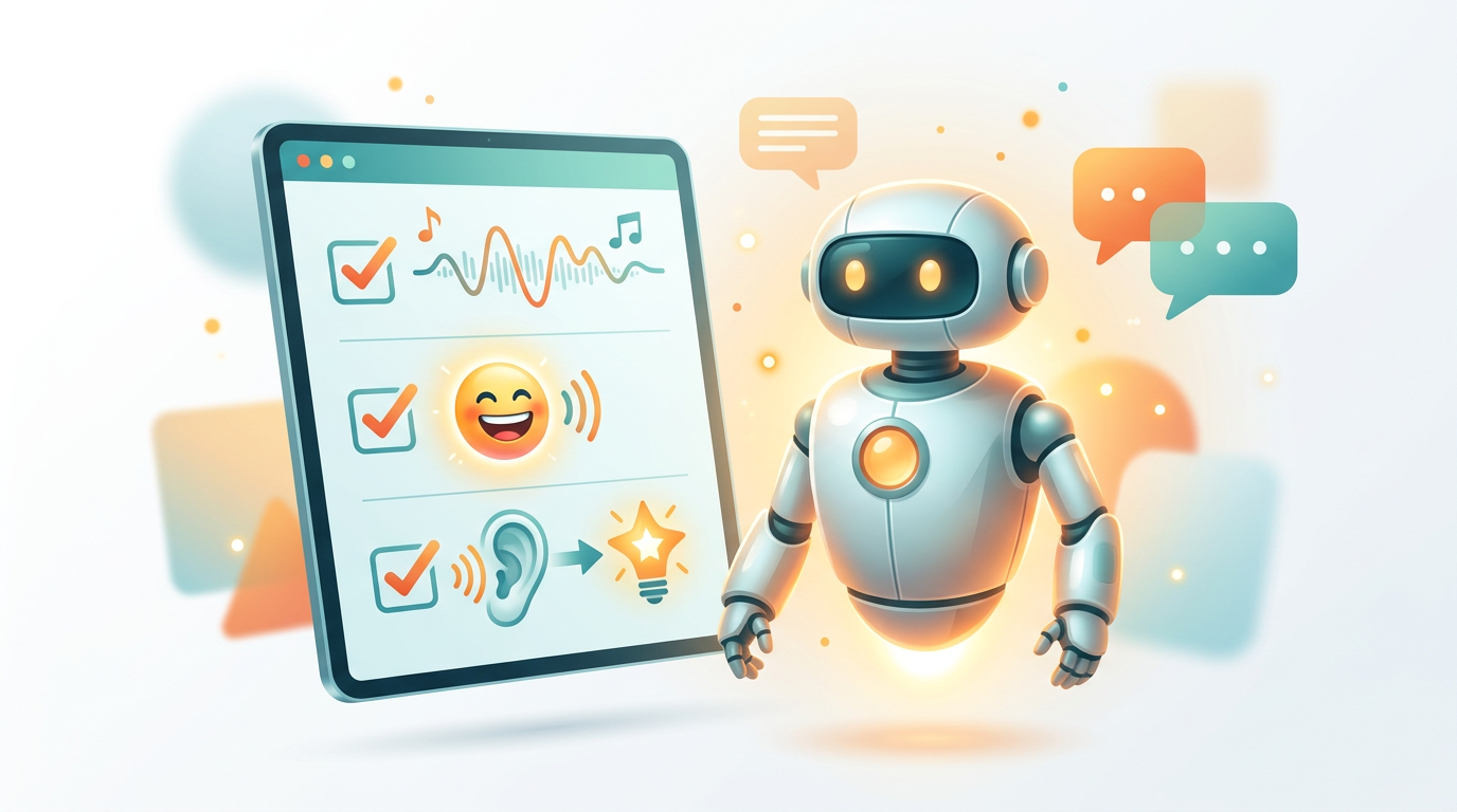 A checklist graphic for evaluating the warmth and authenticity of an AI persona.