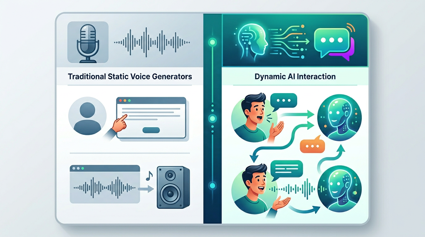 A comparison table outlining the features and benefits of dynamic AI personas versus static voice clips.