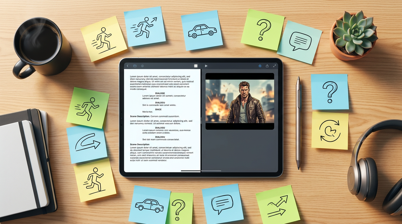 A creator's workspace showing a tablet with an AI video script and a generated celebrity video preview.