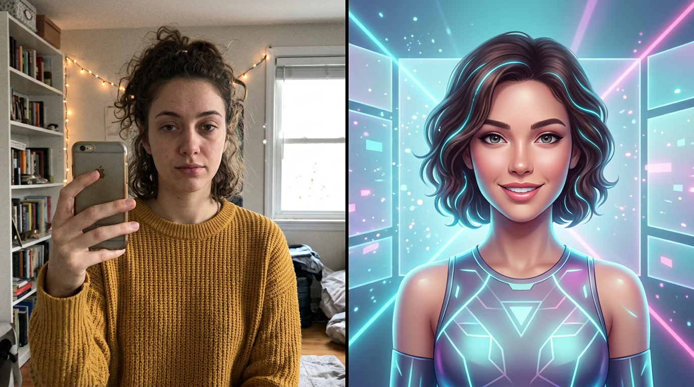 Comparison between raw smartphone-style content and polished AI-generated digital personas.