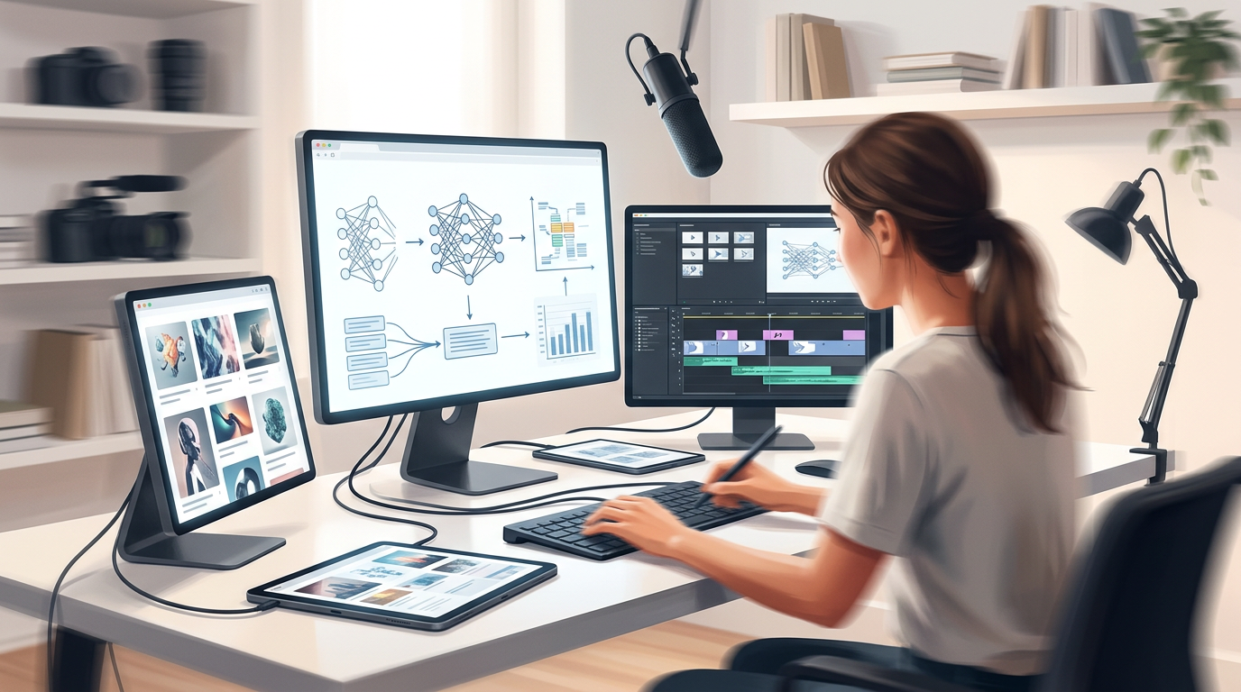 Content creator workflow using AI tools for rapid production.