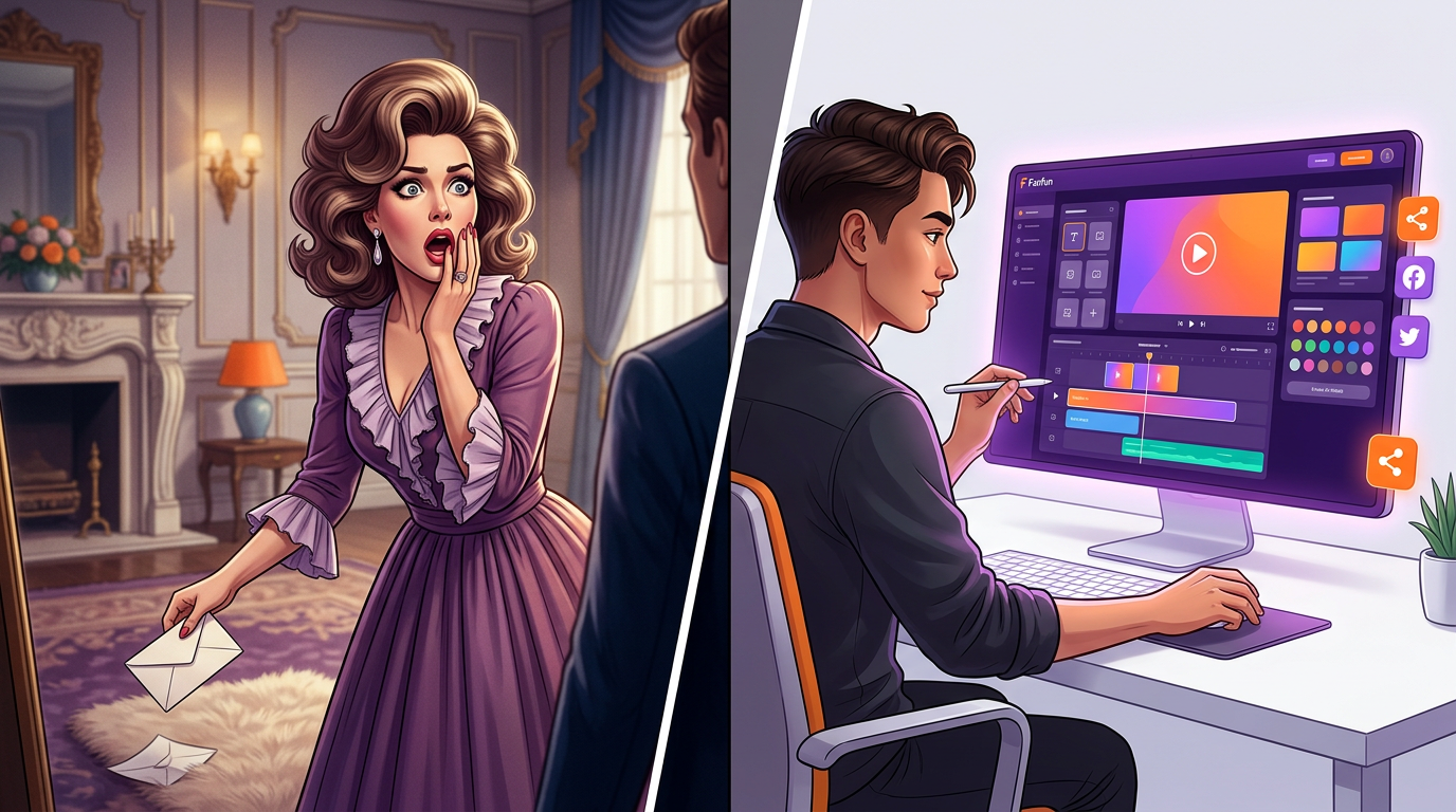 A comparison between classic telenovela dramatic acting and modern AI-powered digital content creation.