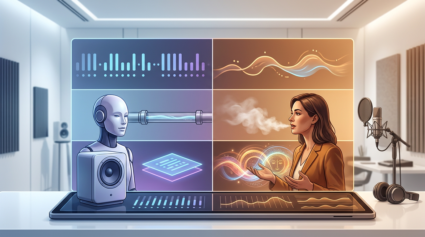 A comparison chart showing the differences between flat AI voice generation and nuanced, performance-based AI voice techniques.