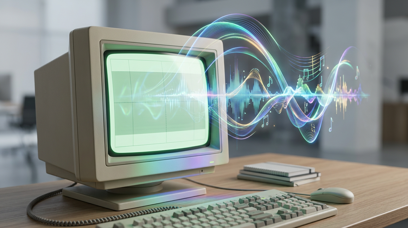 A blend of retro-computing aesthetics and modern digital sound waves.