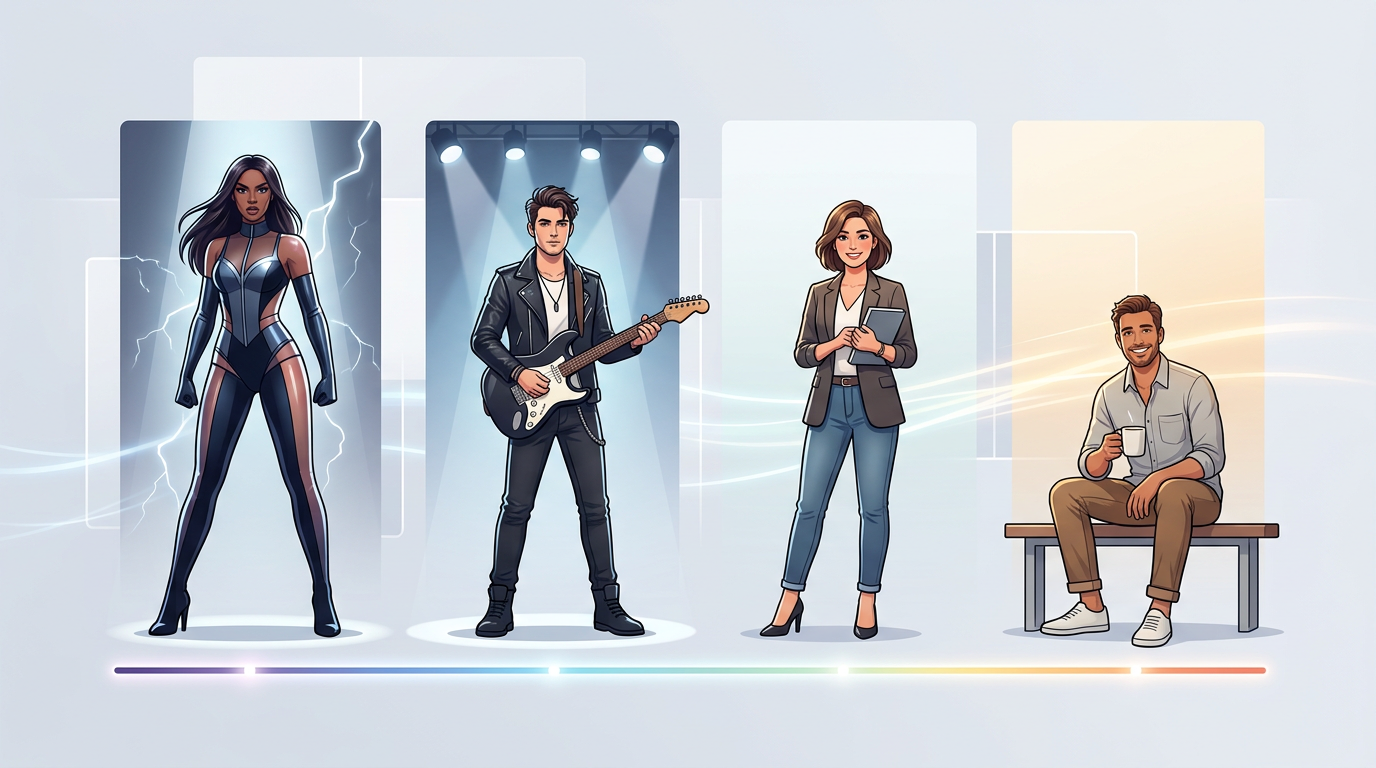 A chart showing the spectrum of celebrity personas from high-intensity icons to grounded everyman types.