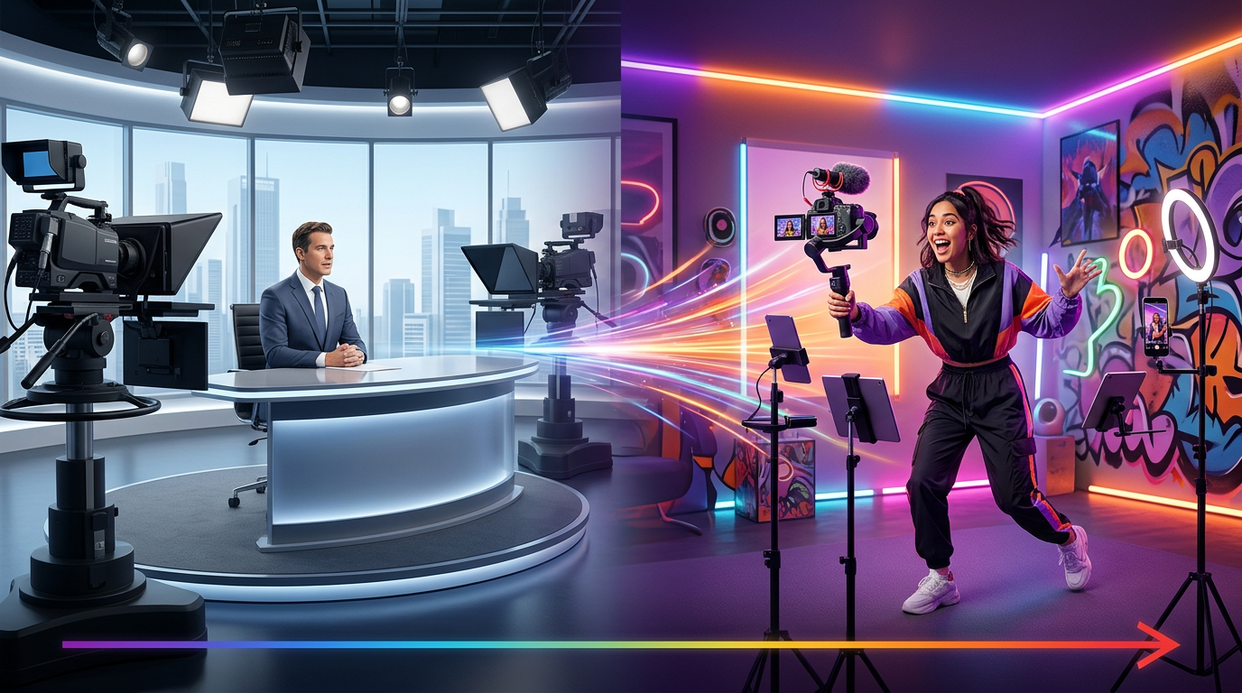 Chart comparing traditional broadcast media style with modern, high-energy social media content.