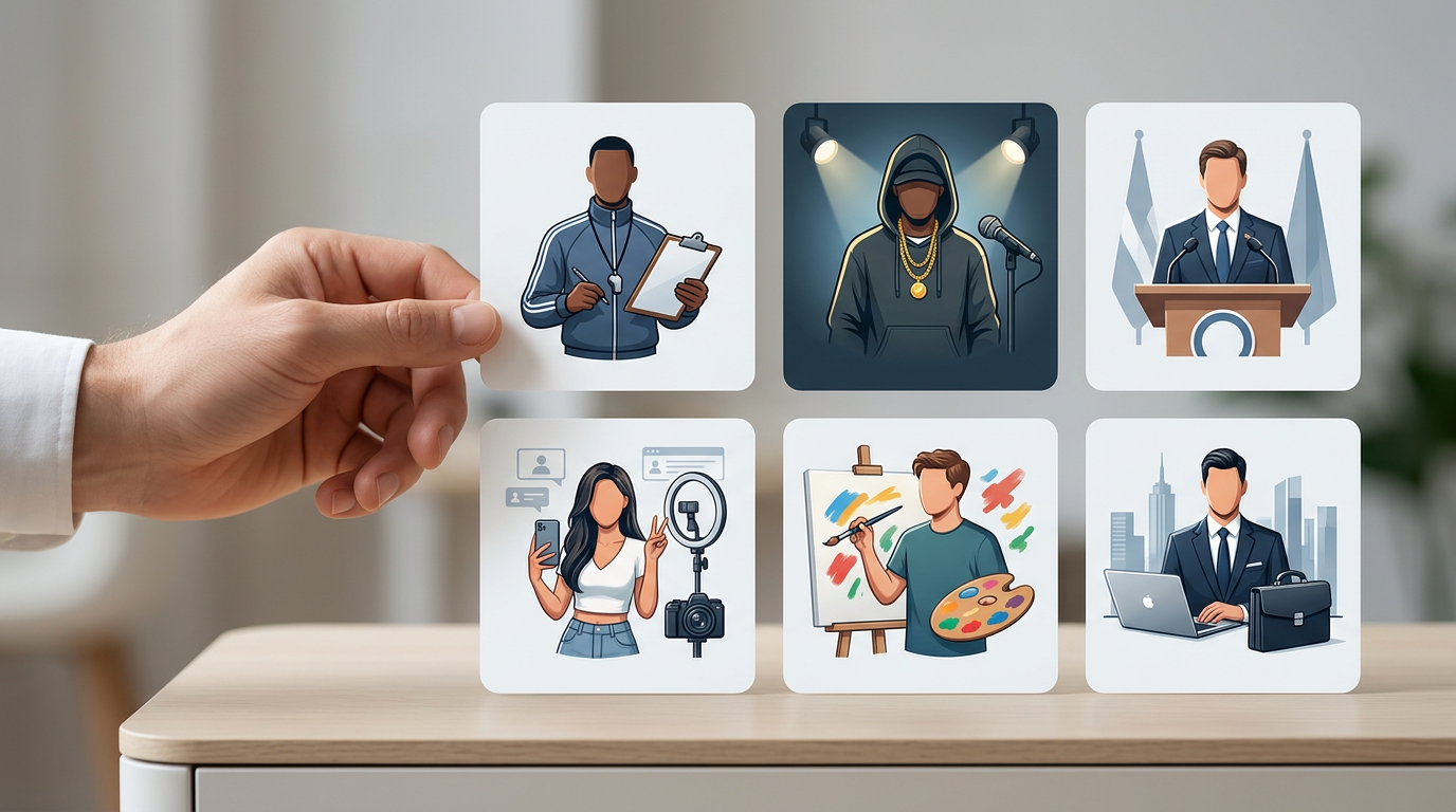Visual guide showing different celebrity AI personas categorized by tone and use case.