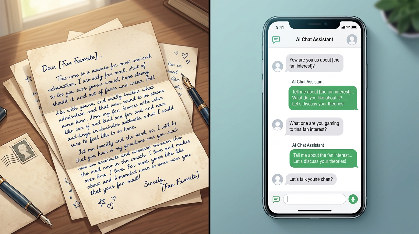Comparison of traditional fan mail versus modern AI interaction.