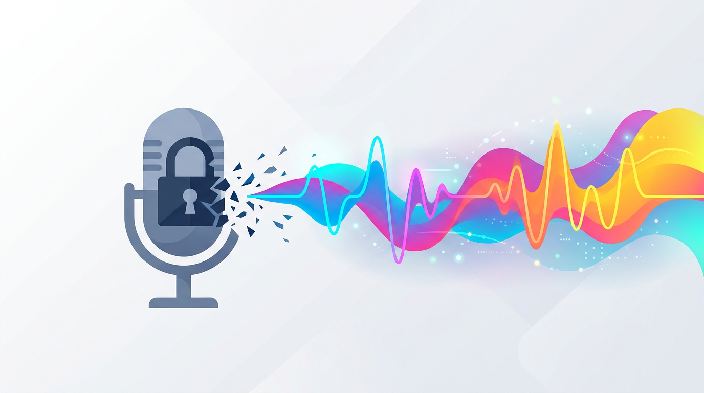 Digital illustration of a microphone breaking free from a padlock symbol.