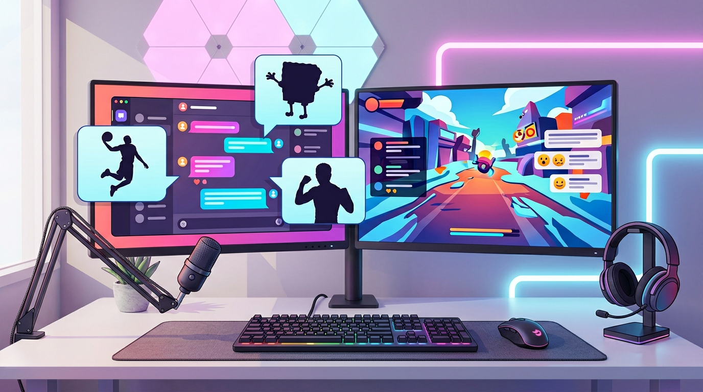 Gaming setup with chat bubbles showing diverse character silhouettes.