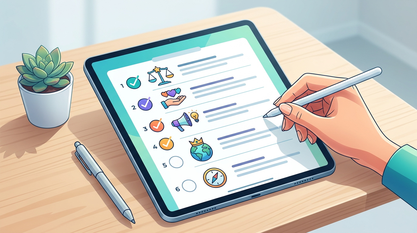 A digital checklist showing key steps for ethical and impactful content creation.