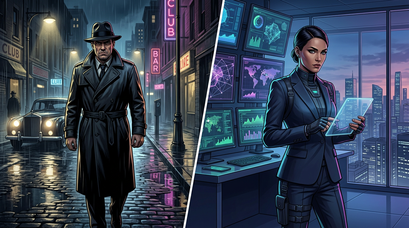 A visual comparison showing the evolution of movie villains from classic cinema to modern AI-generated personas.