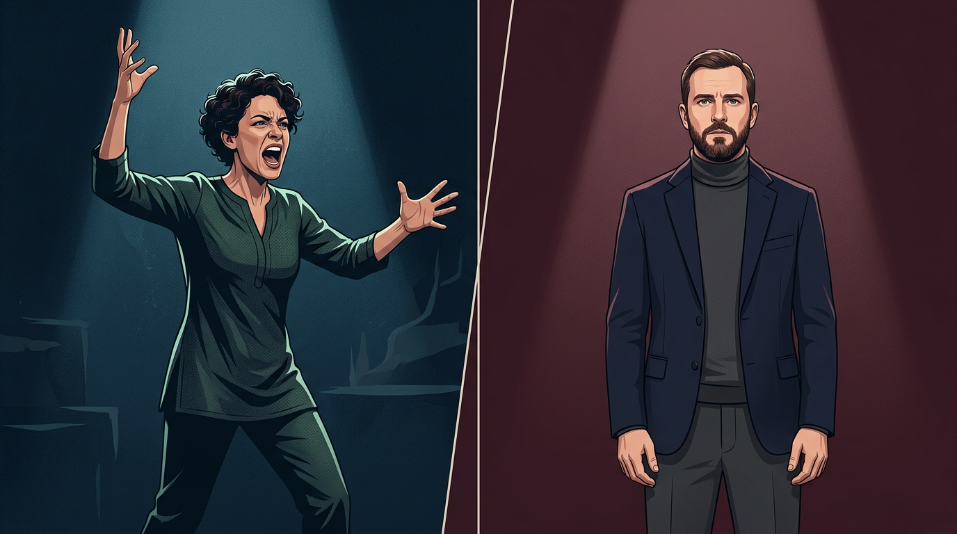 A comparison graphic showing the difference between loud, theatrical acting and grounded, still intensity.