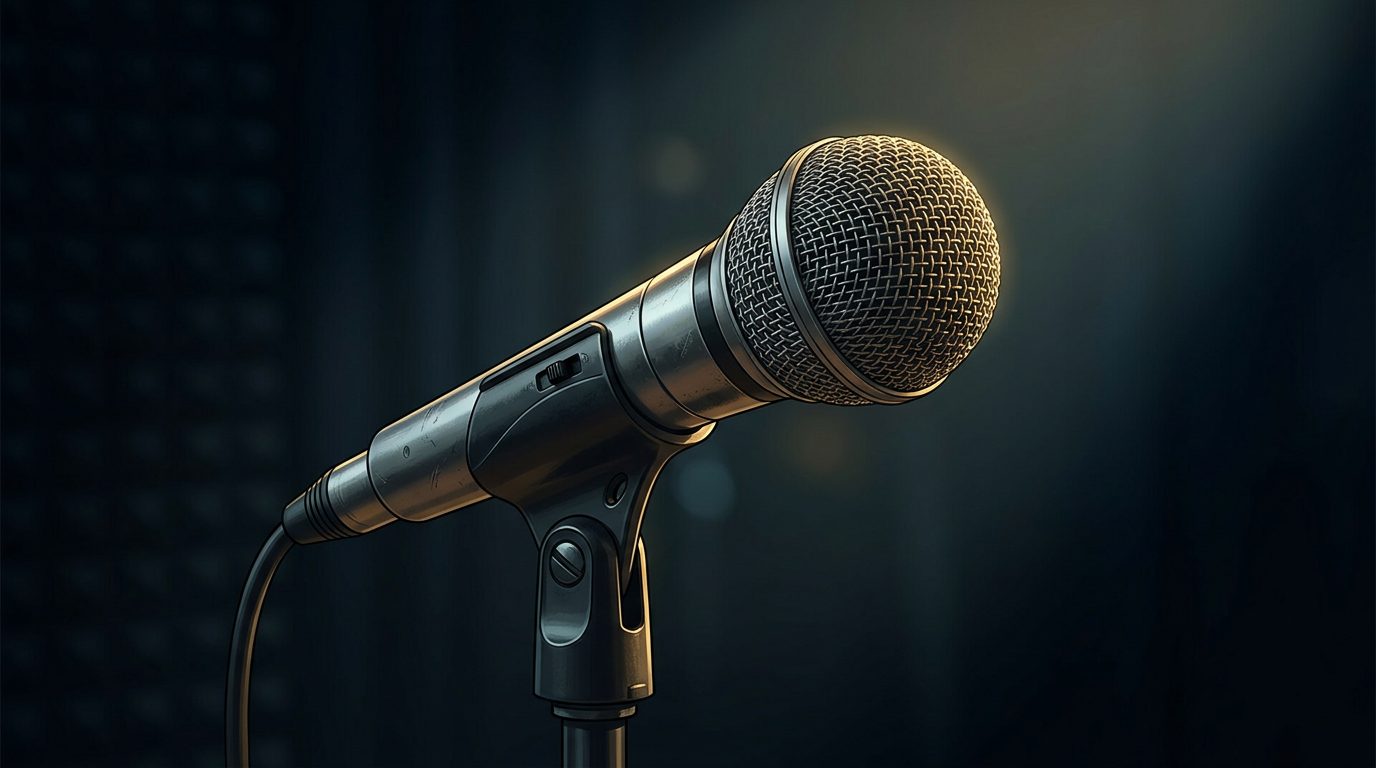 A professional microphone in a dark, moody studio setting representing vocal performance.