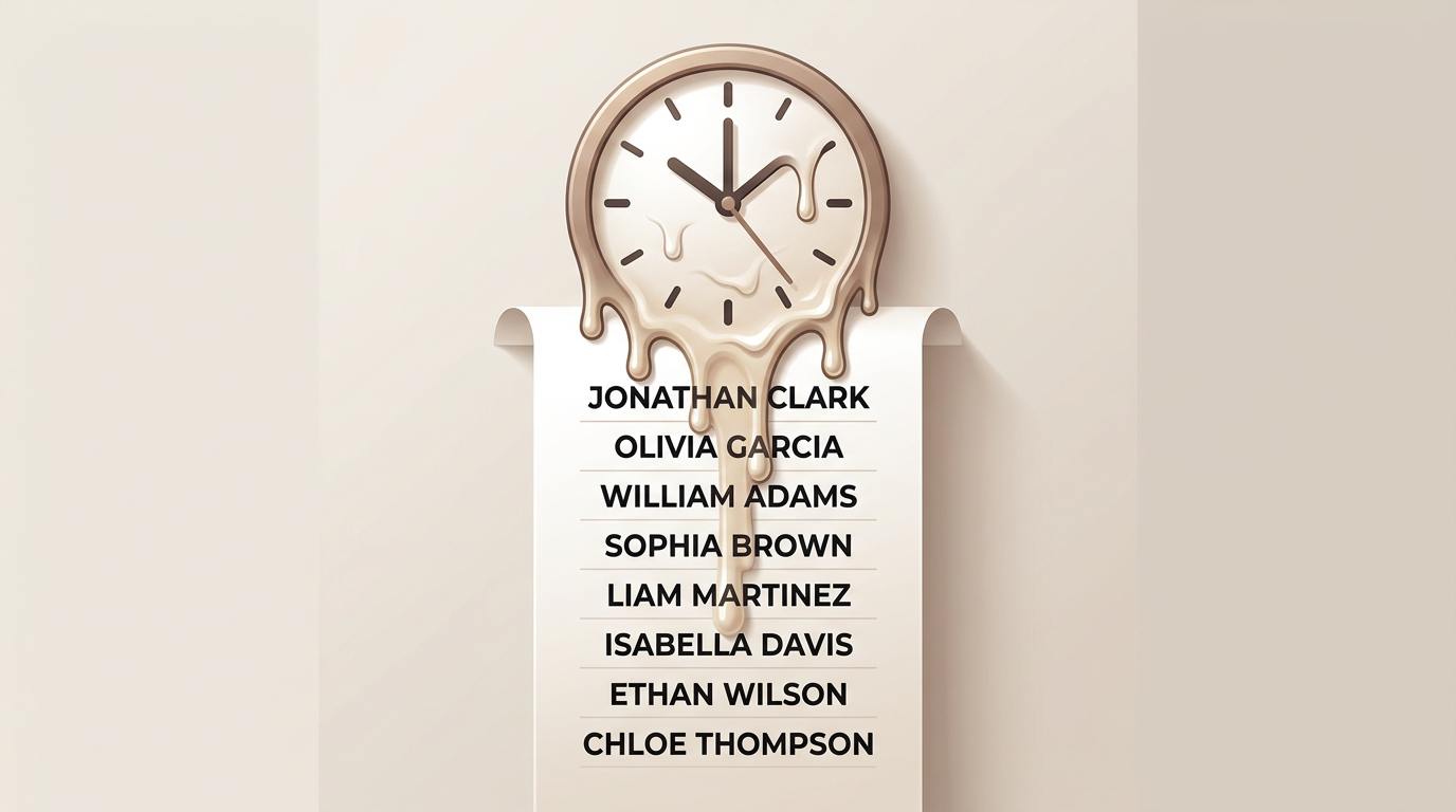 A stylized clock melting over a list of names representing the slow process of traditional celebrity bookings.