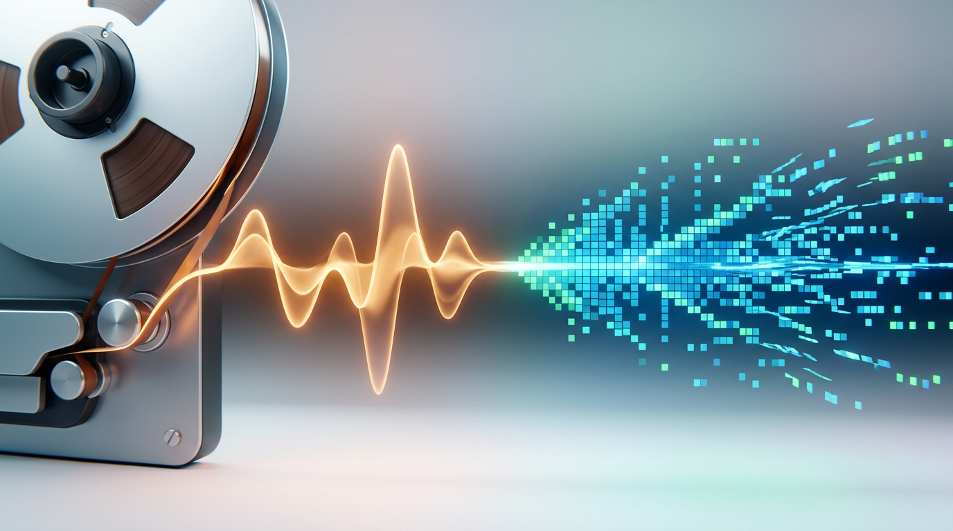 Visual representation of an analog voice wave transitioning into digital data, symbolizing the shift from classic film to AI performance.