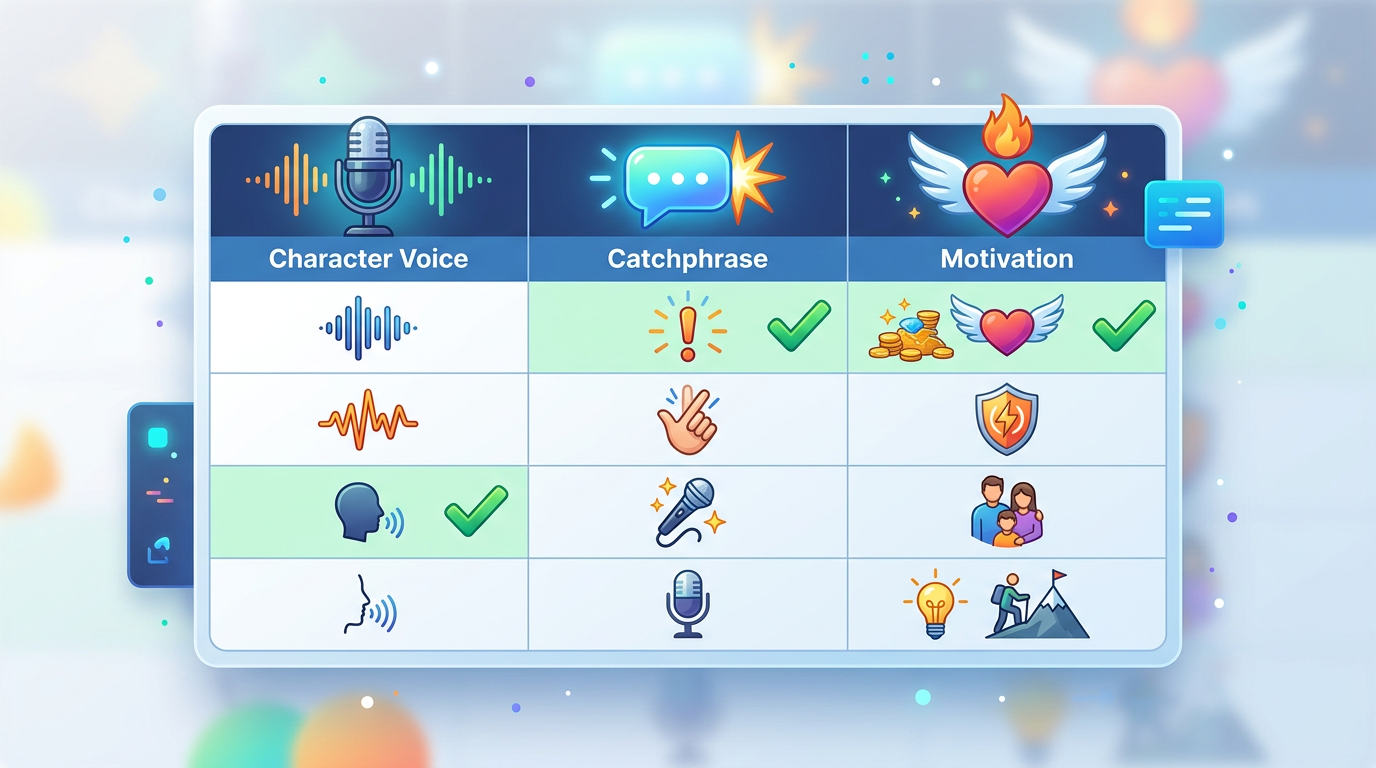 A checklist for character development including voice, catchphrase, and motivation.