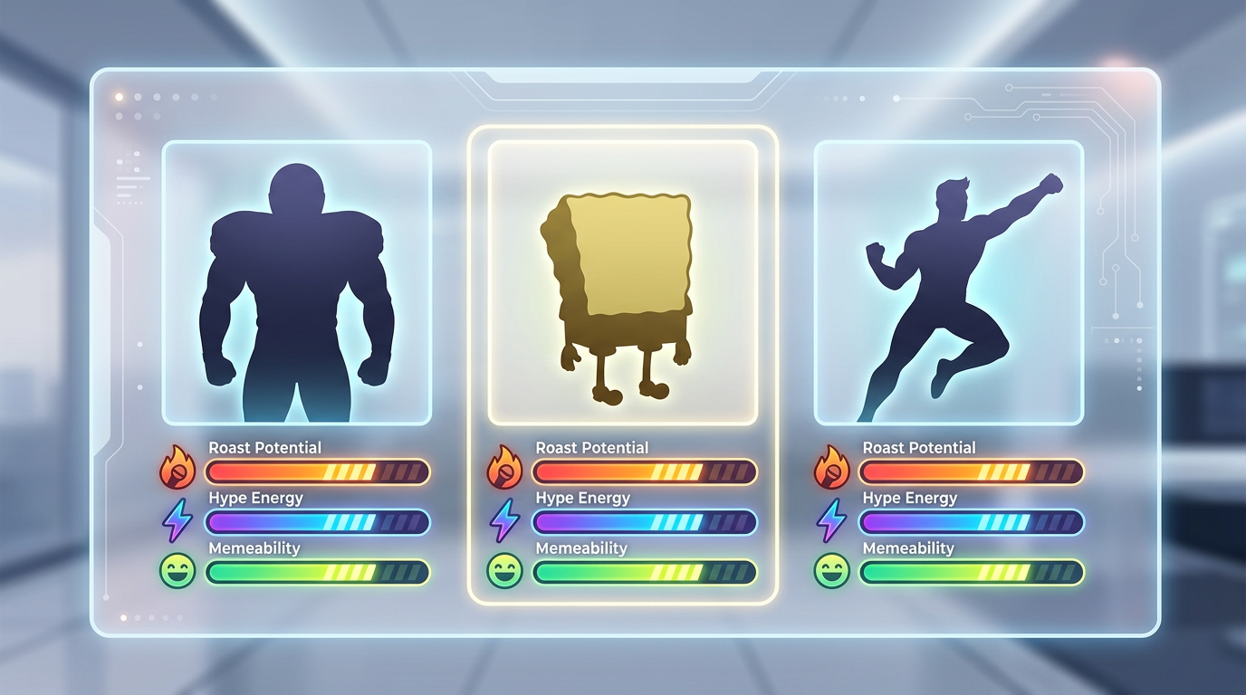 Character selection screen graphic showing different AI persona archetypes and their content strengths.