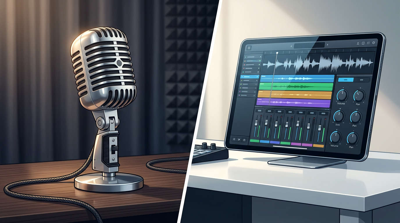 A comparison of vintage audio equipment and a modern digital voice interface representing the evolution of sound.