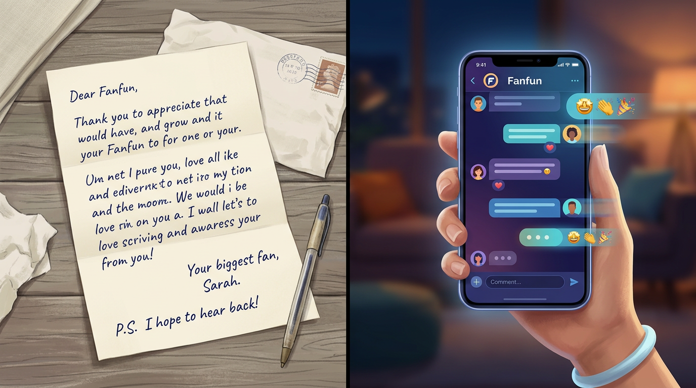 Comparison of traditional fan mail versus modern interactive AI chat interfaces.