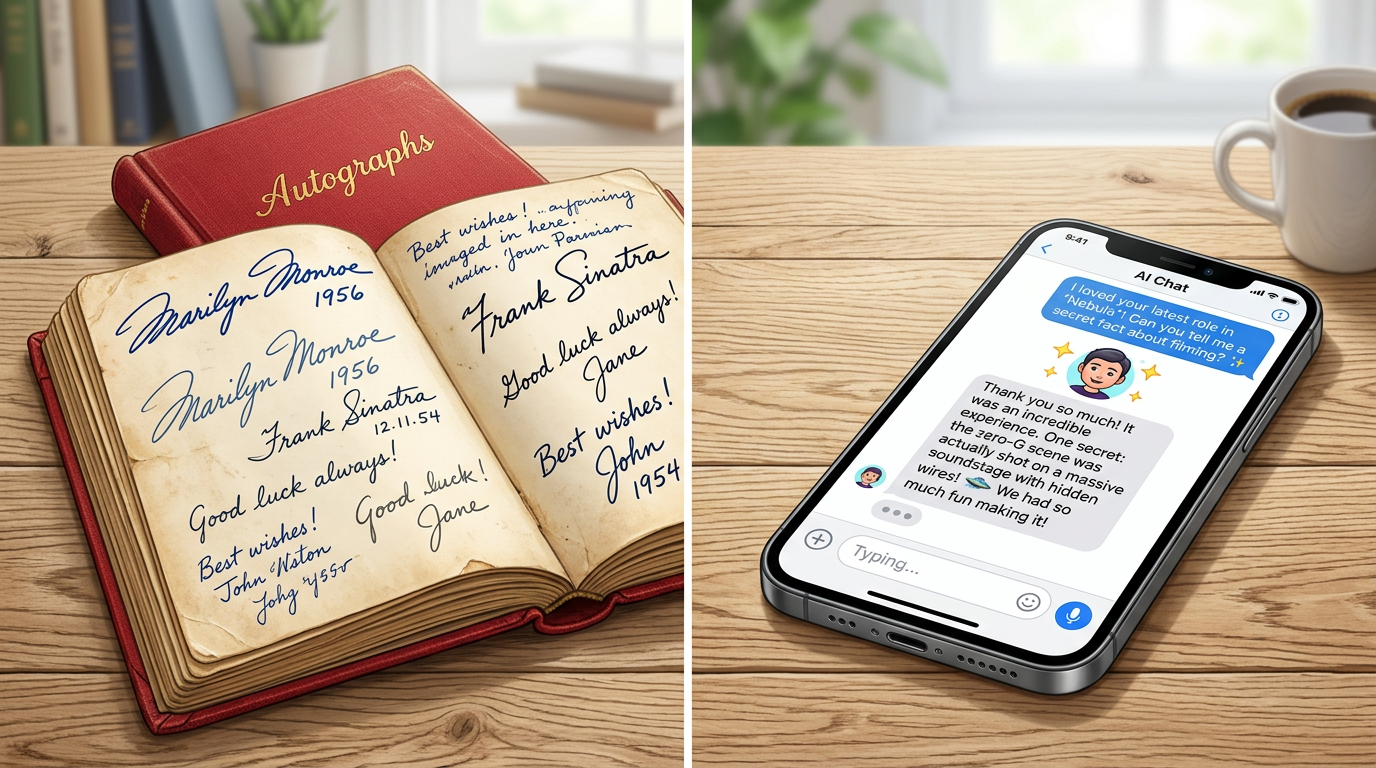 Comparison of traditional autograph culture versus modern interactive AI celebrity engagement.