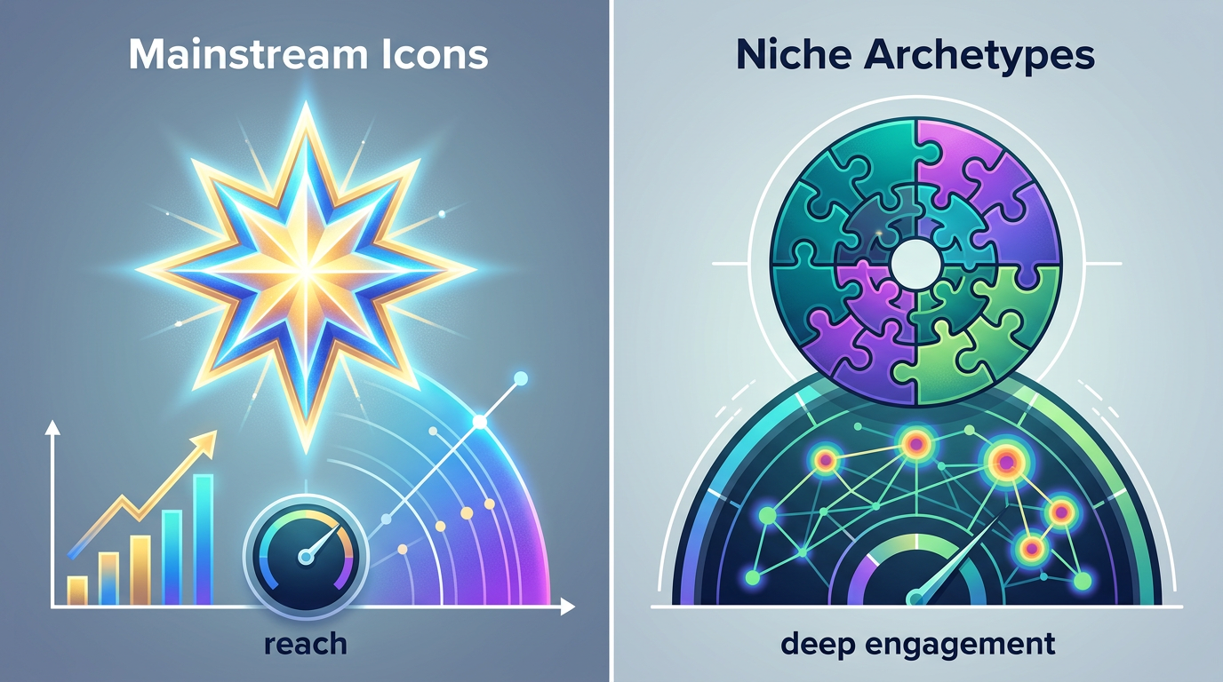 Comparison chart showing the differences in audience reach and engagement depth between mainstream celebrities and niche character personas.