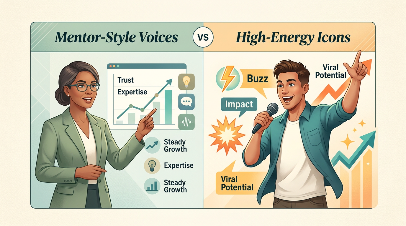 A comparison chart showing the differences between mentor-style AI voices and high-energy pop-culture icons.