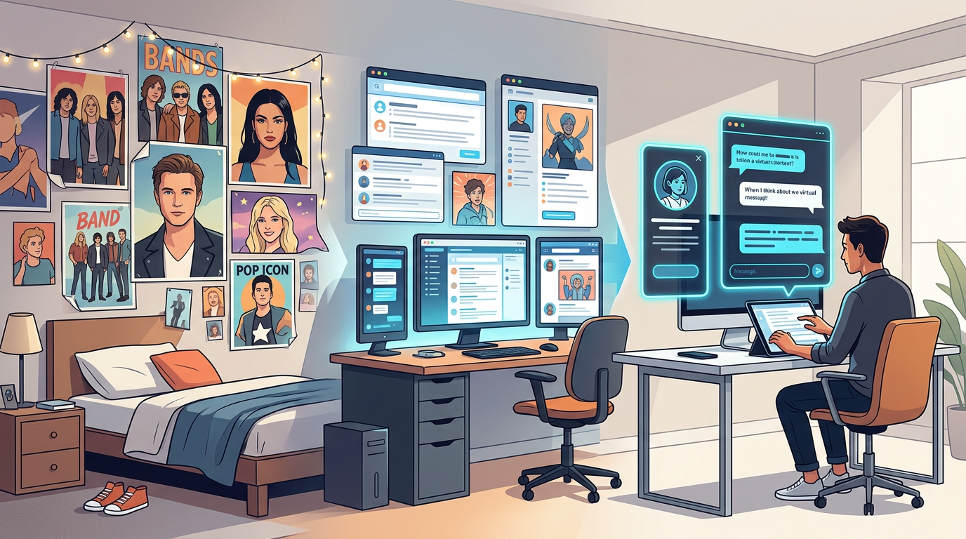Diagram showing the evolution of fan interaction from static posters to interactive AI personas.