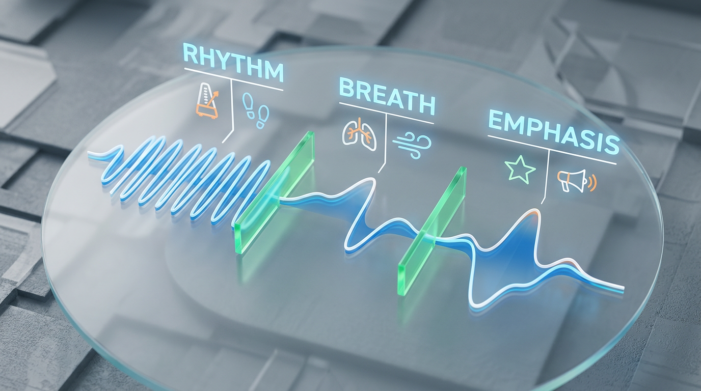An infographic showing a digital audio waveform with labels explaining how to improve AI voice quality.