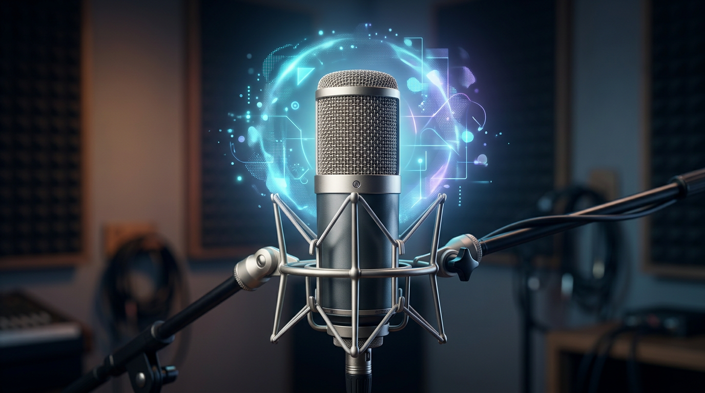 Professional studio microphone with digital sound wave visualization.