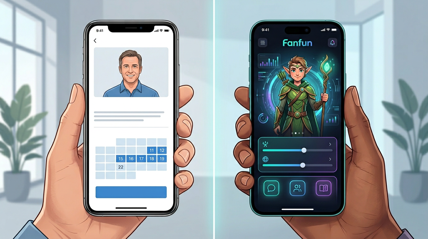 Comparison graphic showing a traditional celebrity video booking screen versus an interactive AI character generation interface.
