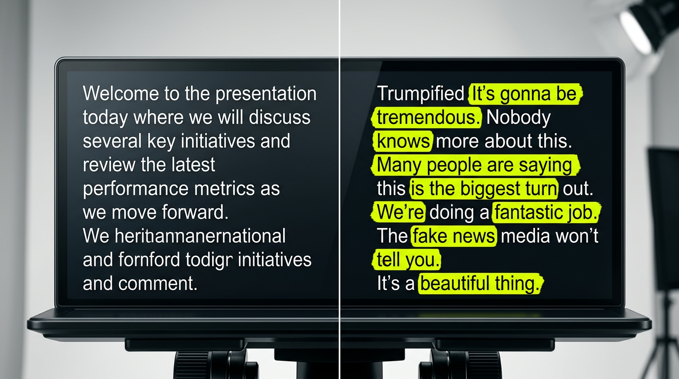 A side-by-side comparison of a standard script and a satirical parody script on a digital teleprompter.