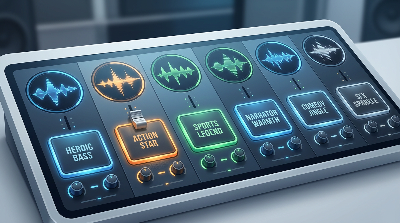 A digital audio equalizer interface showing different vocal presets for character voices.