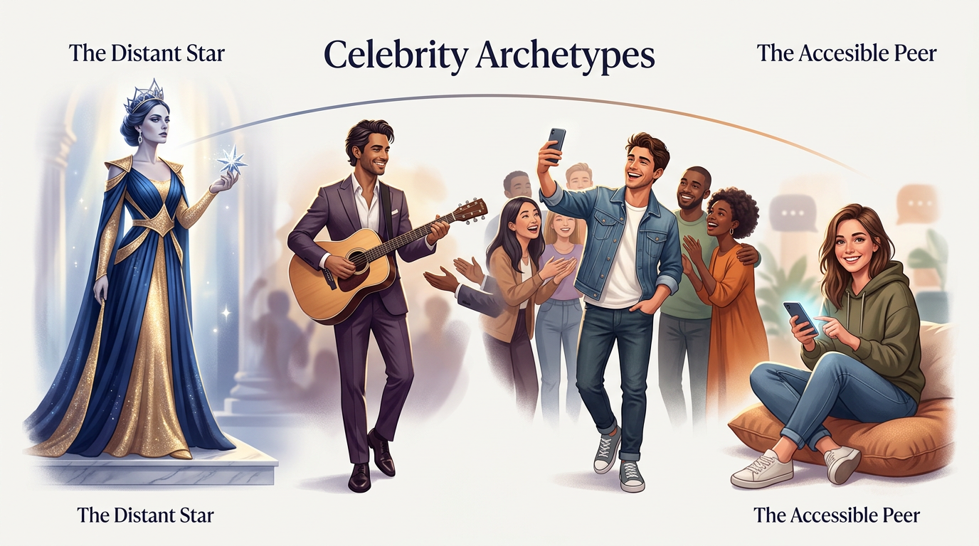 A chart illustrating the evolution of celebrity archetypes from distant movie stars to accessible digital icons.