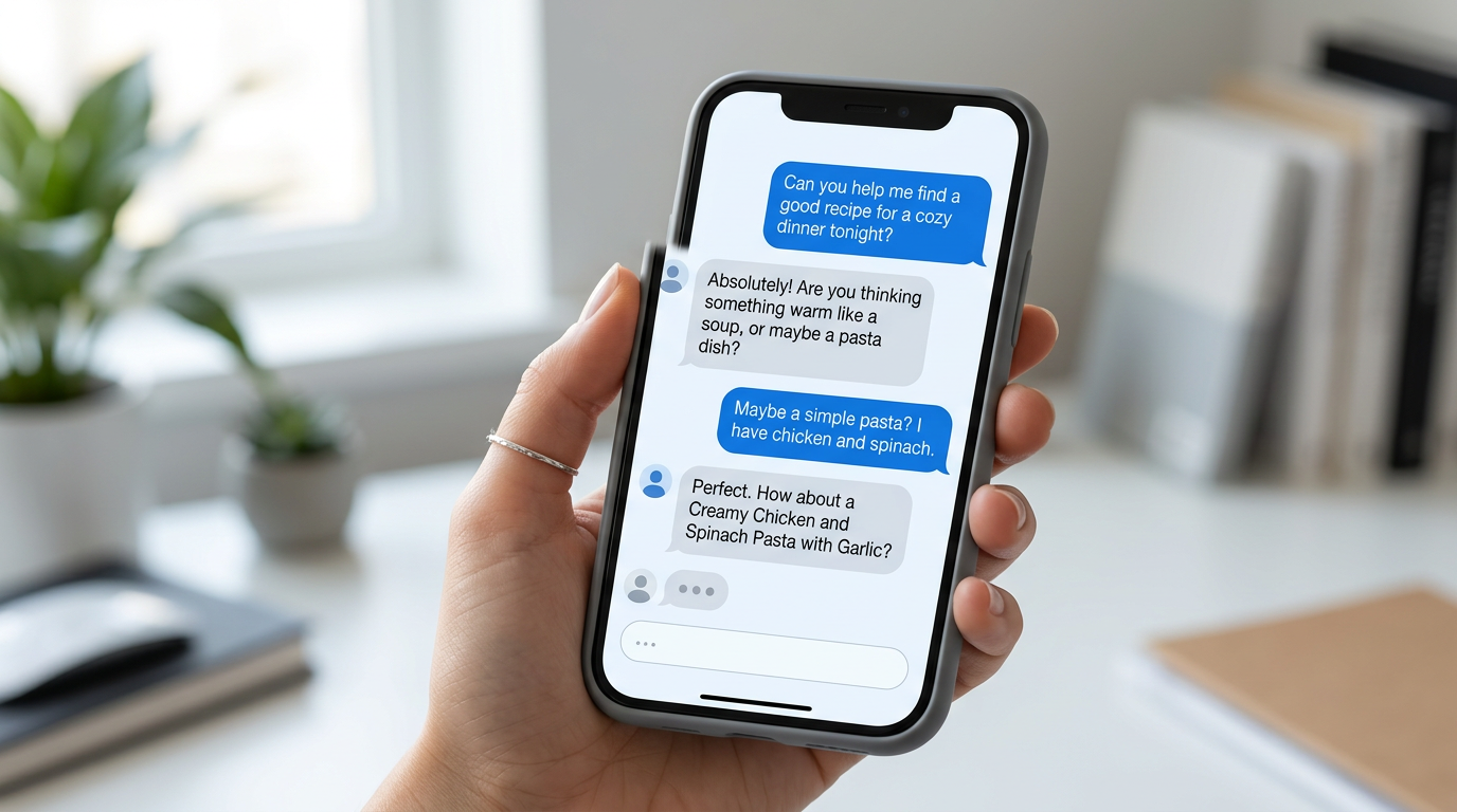 Close-up of a smartphone screen displaying a personalized AI chatbot conversation.
