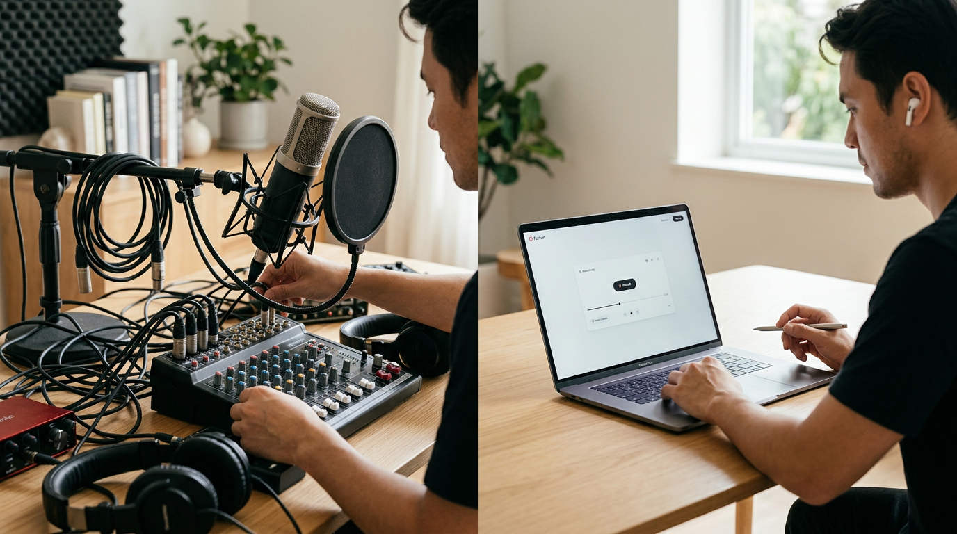 Comparison between traditional studio recording equipment and modern AI voice generation software.