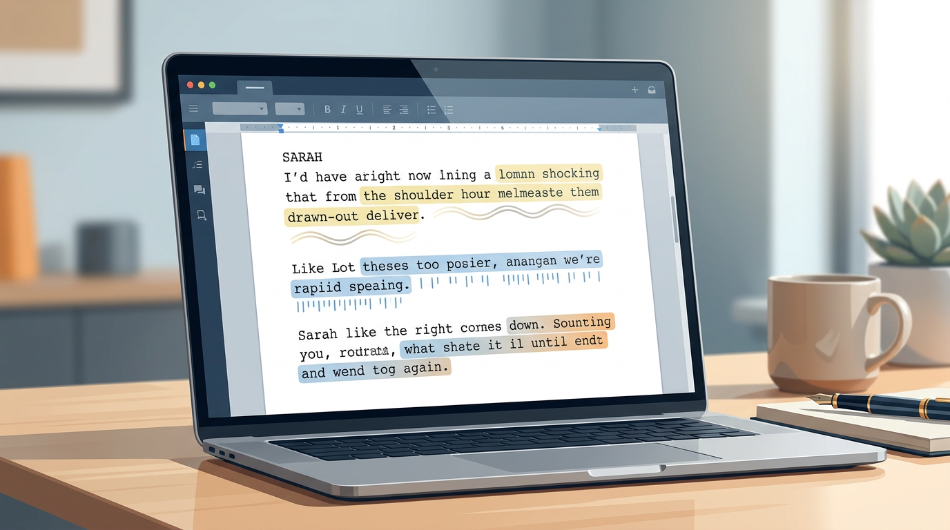 A close-up view of a digital script being edited to match the high-energy speaking style of a cartoon character.