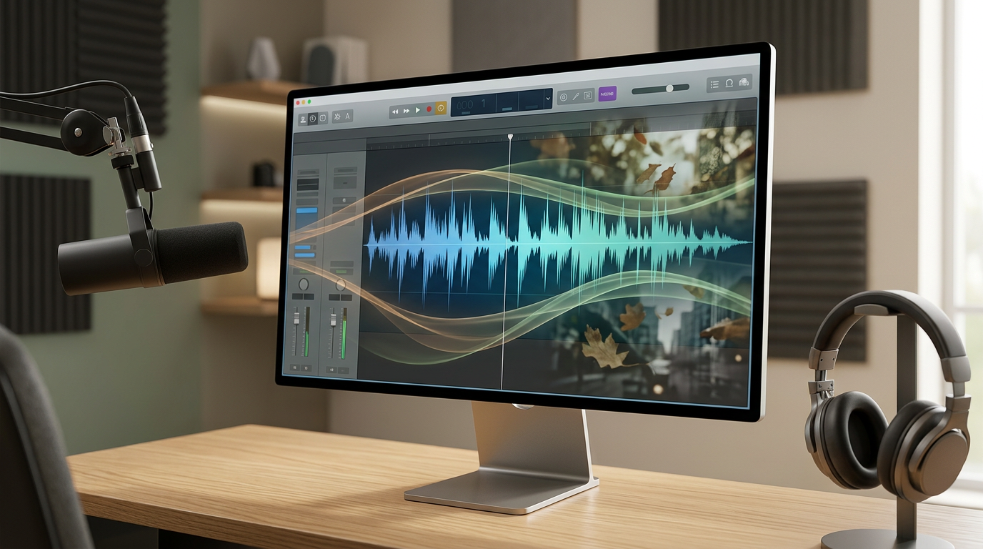 Audio waveform editing software showing the layering of voice and background sound.