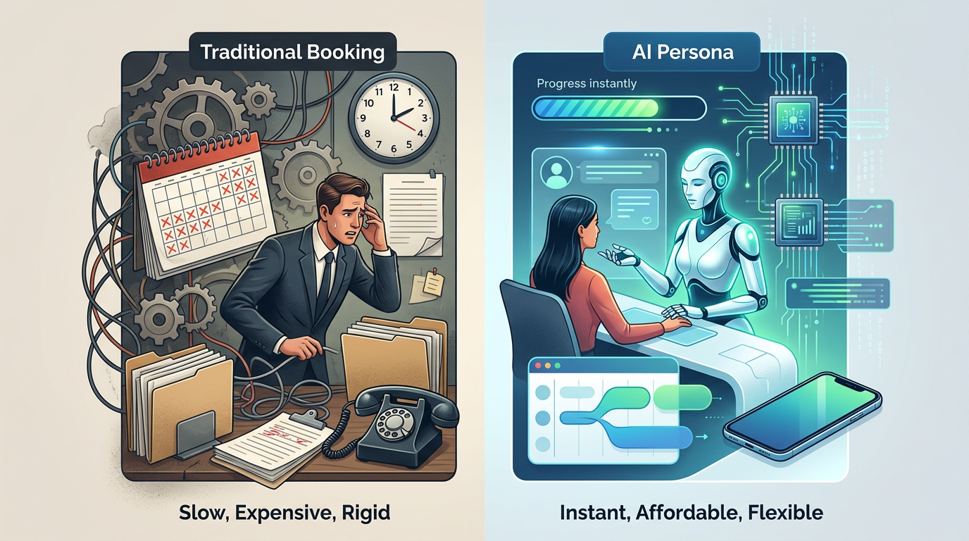 Comparison chart showing the benefits of AI celebrity personas over traditional booking methods.