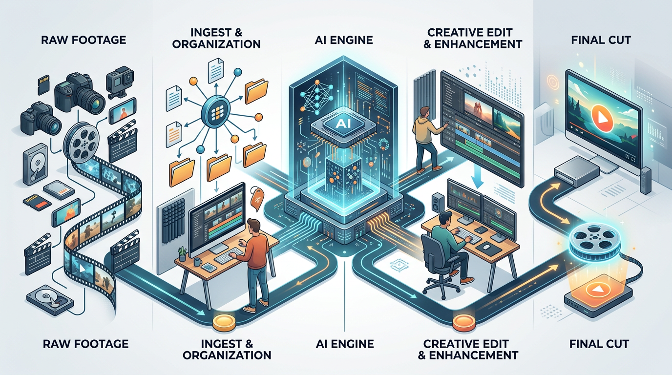 Workflow diagram showing how AI voice and persona tools integrate into a video editing pipeline.