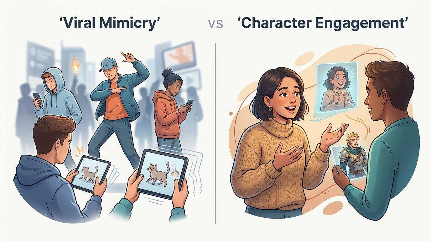 Infographic showing the decline of viral mimicry versus the rise of character-driven AI content.