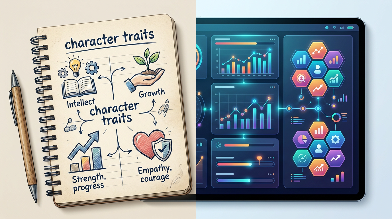 A conceptual graphic showing the transition from traditional character notes to AI-driven persona settings.