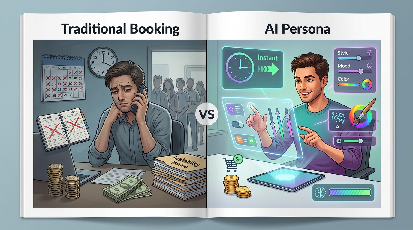 Comparison chart showing the benefits of AI-driven celebrity personas versus traditional booking platforms.