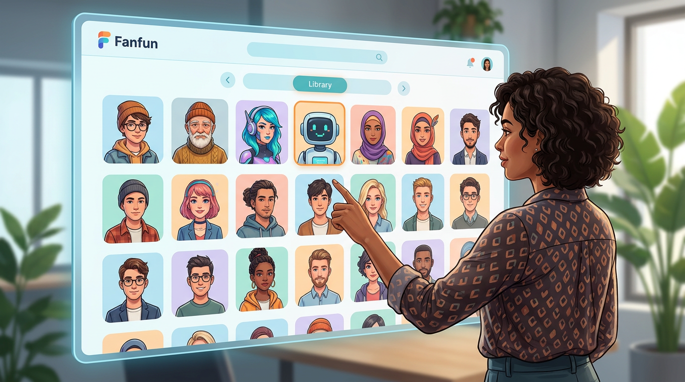 Digital interface showing a diverse selection of AI character personas.
