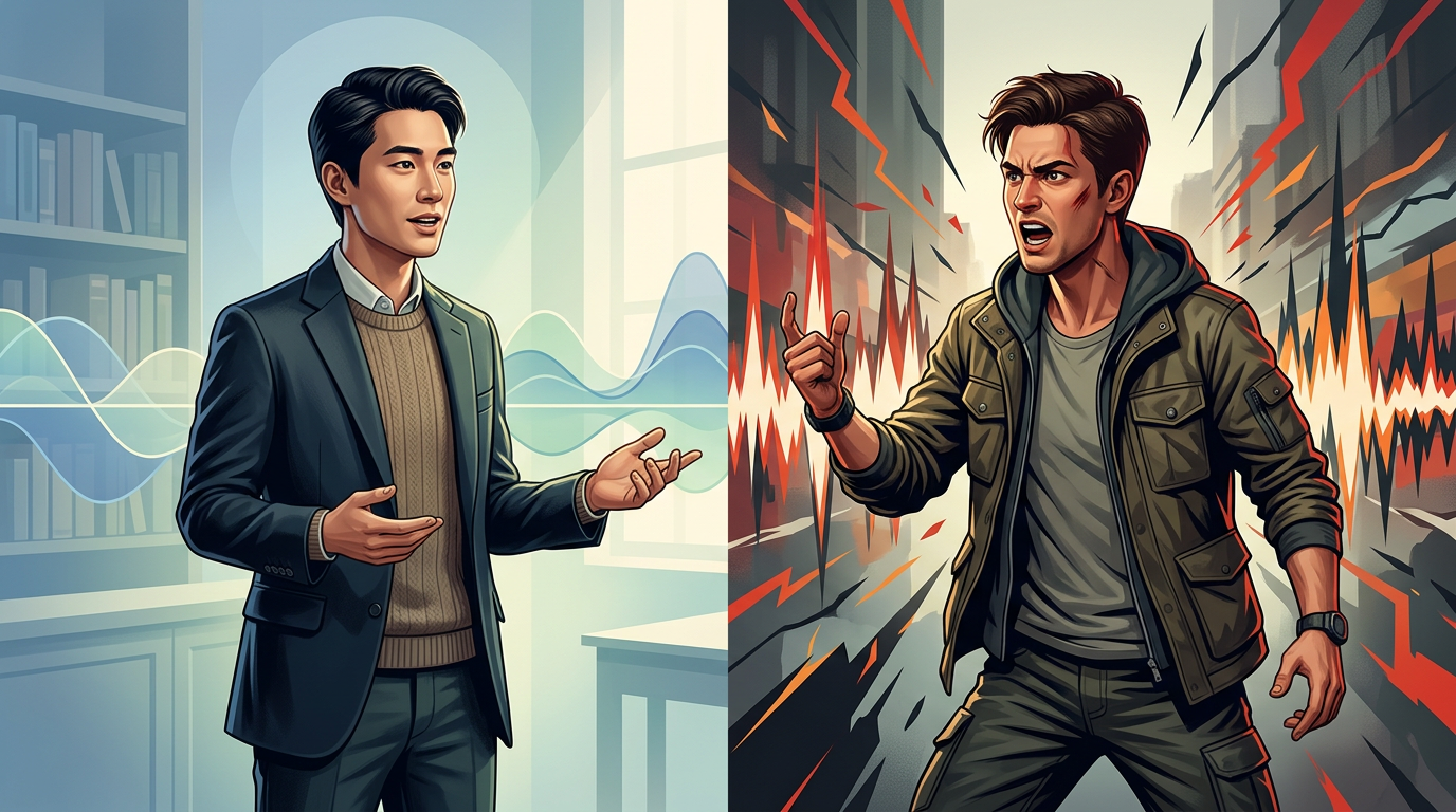 A table comparing the vocal characteristics of calm and aggressive character modes.